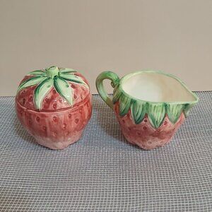 Vintage Ceramic Strawberry Shaped Sugar Bowl and Creamer-Japan